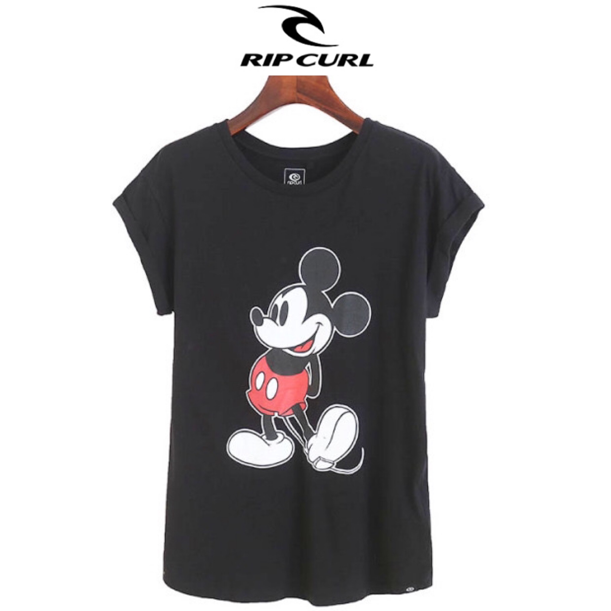 Rip curl เสื้อยืดคอกลม สีดำ ลายMickey mouse งานRIP CURL แท้ สวยมากคะ สำเนา สำเนา ดำ