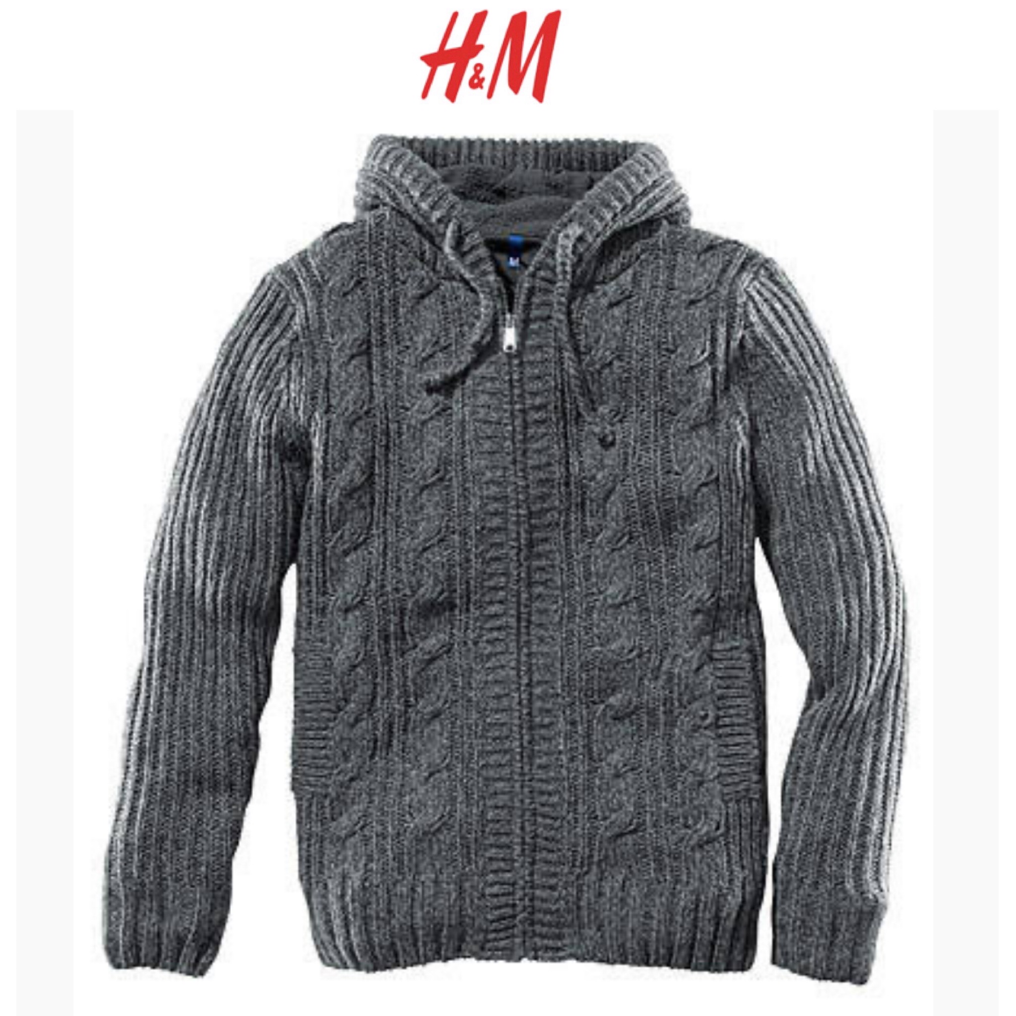 H&M เสื้่อก้นหนาว ผู้ชาย ผ้าไหมพรมถัก สีเทาเข้ม งานH&M แต่งหมวกฮูท ซับขนช่วงด้านในหมวก สวยหรูคะ เทาเข้ม