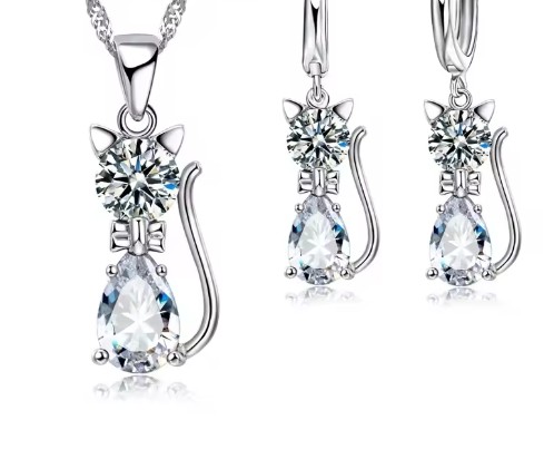 ชุดเครื่องประดับ เข้าชุด สร้อยคอ พร้อม ต่างหู แมว เพชรหลากสี ใส่ตามสีถูกโฉลก สีขาว เหลือง ม่วง เขียว 214193