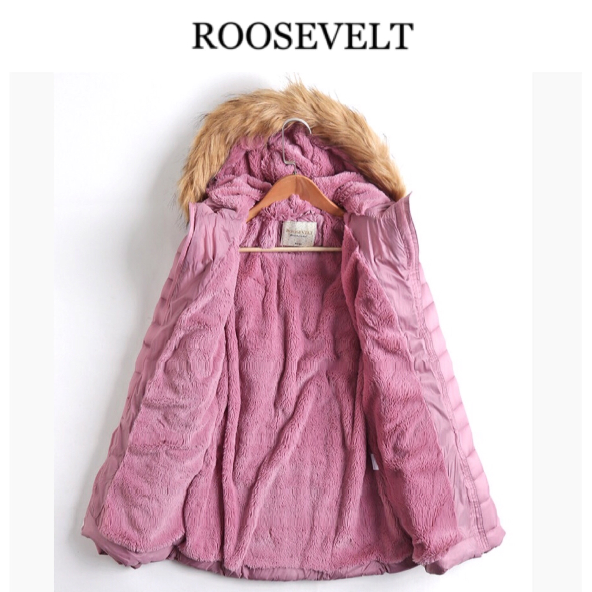 Roosevelt เสื้อฮู้ดกันหนาว เสื้อโค้ท กันหนาว สีชมพู แต่งหมวกฮู้ด ขนเฟอร์ เนื้อผ้าโพลีเอสเตอร์ ซับขนอุ่นด้านใน แบรนด์ ROOSEVELT ชมพู