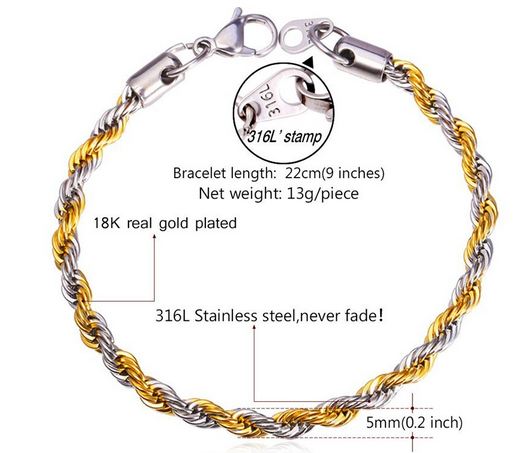 สร้อยข้อมือผู้ชาย 316 L สแตนเลส แท้ ลายโซ่ทอง ขดเป็นเกลียว เงิน ผสมทอง ดีไซน์หรู ใส่ได้ทุกวัน ไม่ลอกไม่ดำ สร้อยข้อมือให้แฟน เท่ ๆ 439081
