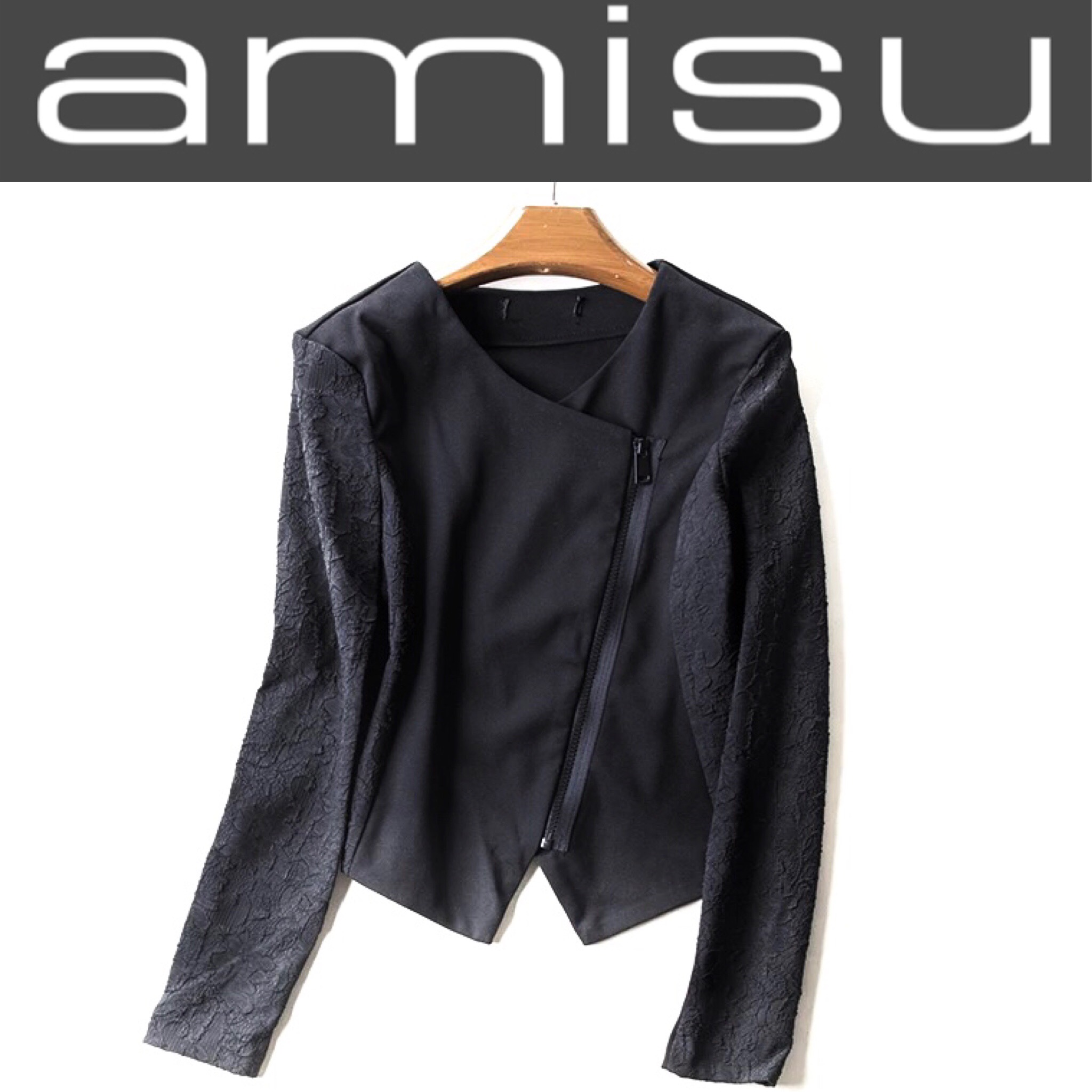Amisu เสื้อคลุม เสื้อนอก เสื้อคลุมทำงาน แต่งซิบเฉียง แต่งชาย สีดำ แขนผ้าลูกไม้สองชั้น งาน สินค้า แบรนด์ Amisu ญี่ปุ่นคะ Size S/M/L/XL สำเนา ดำ