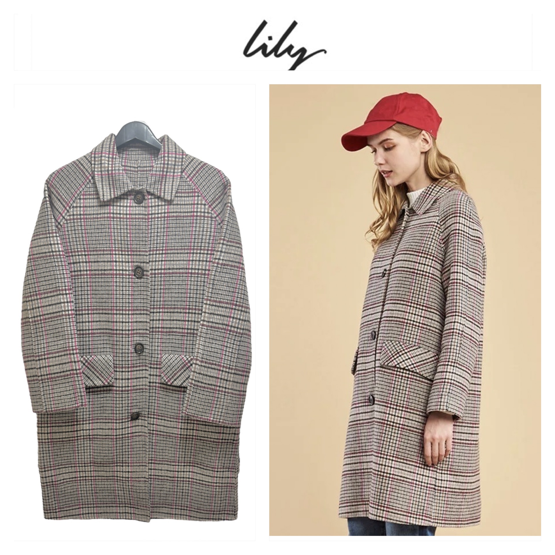 Lily เสื้อโค้ท เสื้อกันหนาว เนื้อผ้าสักหลาดวูล ลายตารางชมพูเทา แบรนด์lily