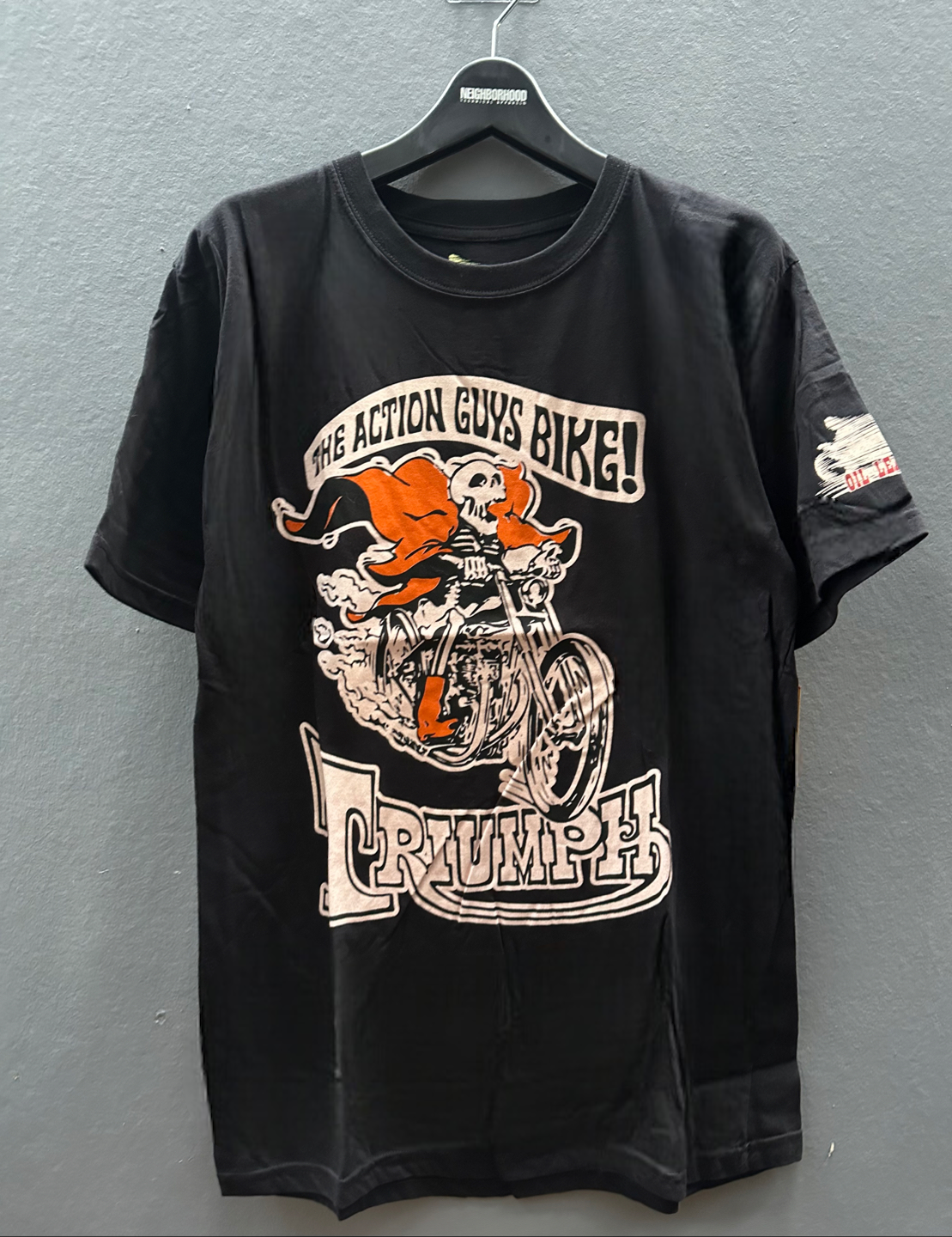 Oil leak เสื้อยืดแขนยาว คอกลม เสื้อยืด Triumph สีดำ ลายกะโหลก bakers field triumph cycle shop ผู้ชาย แบรนด์ OIL LEAK Size M/L/XL สำเนา สำเนา สำเนา ดำ