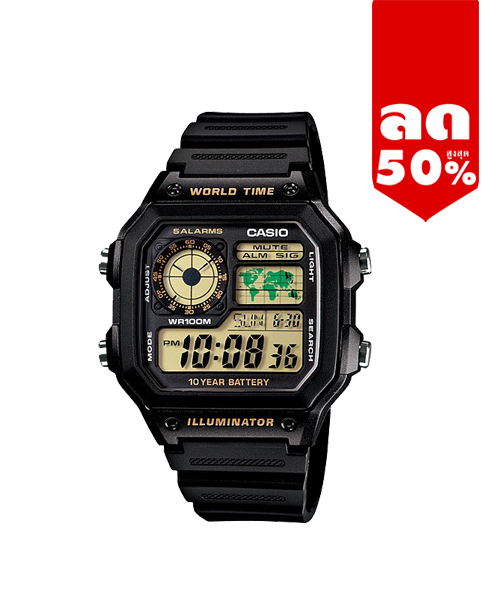 CASIO นาฬิกาคาสิโอ นาฬิกาข้อมือ นาฬิกากันน้ำ นาฬิกาของแท้ ประกันศูนย์ CMG 1 ปี รุ่น AE-1200WH-1B นาฬิกาสีดำ