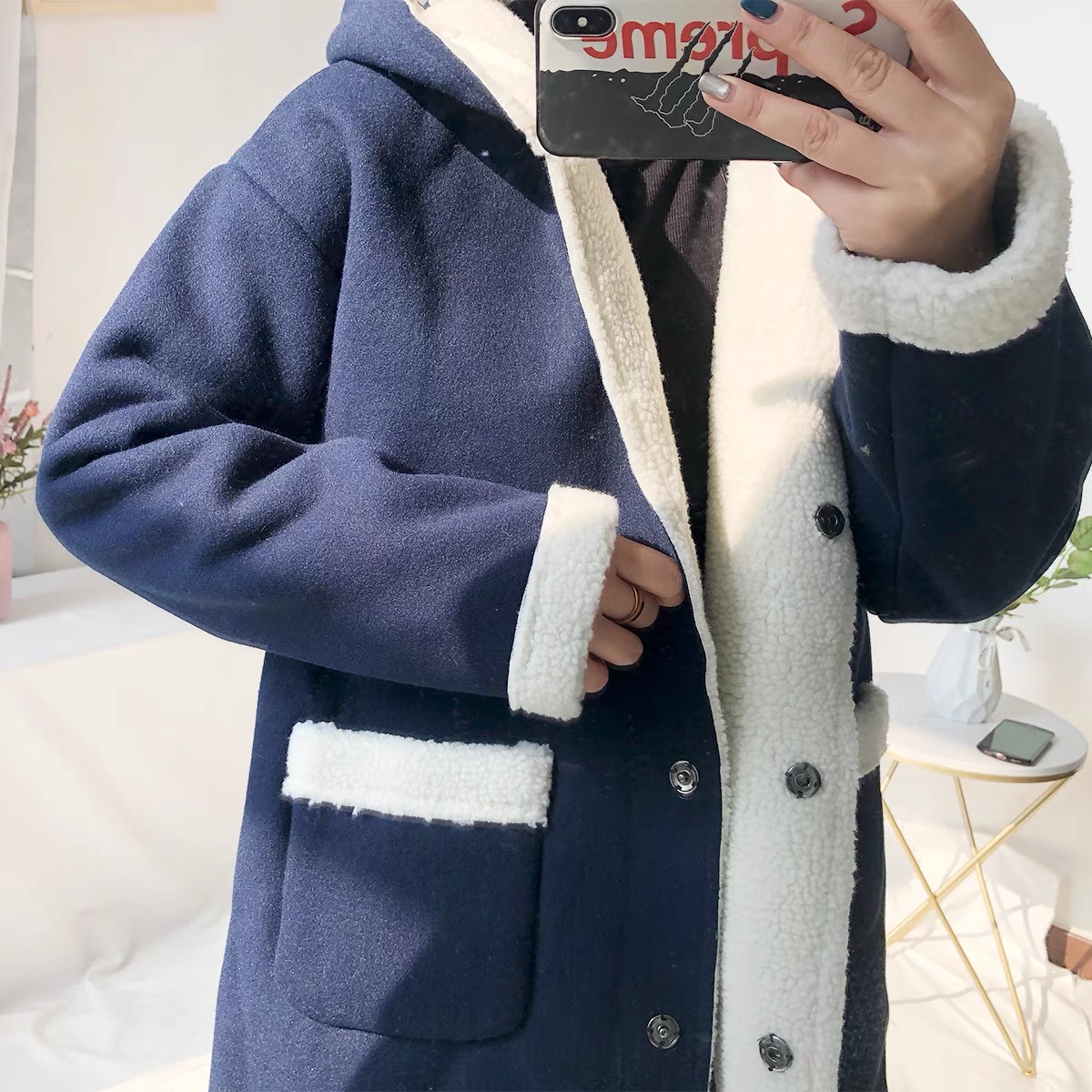 เสื้อโค้ท ฮู้ด เสื้อโค้ท แต่งซับขนสีขาวโค้ทน้ำเงิน ฮู้ดแต่งหู น้ำเงิน
