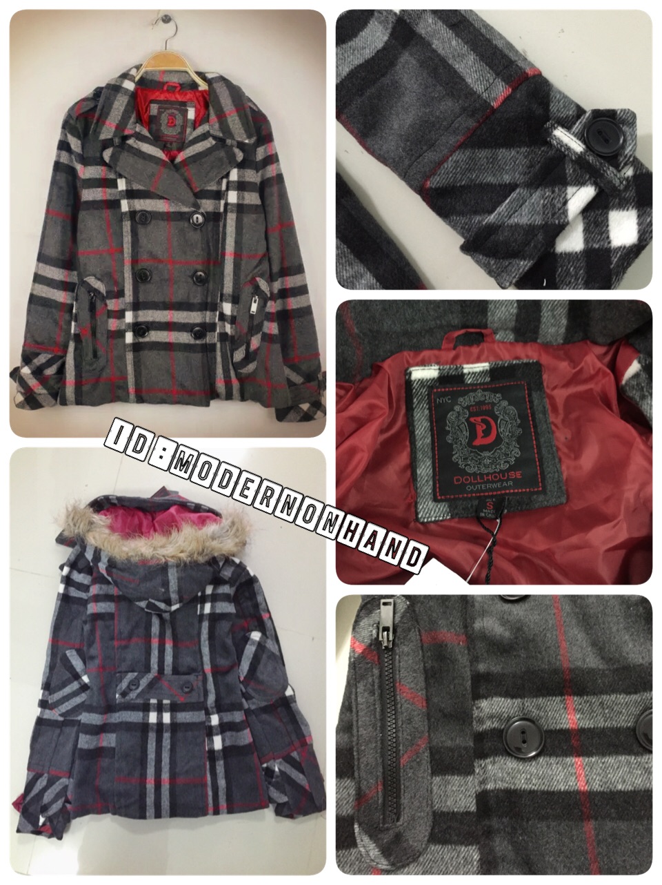 เสื้อกันหนาวสักหลาดผสมวู ลายตาราง classic burberry สีเทา brandname NYC DOLLHOUSE แต่งกระดุมสองแถบ ติดหมวกฮูท ติดเฟอร์ (หมวกมีกระดุมถอดใส่ได้คะ)สวย หรูคะ Size S