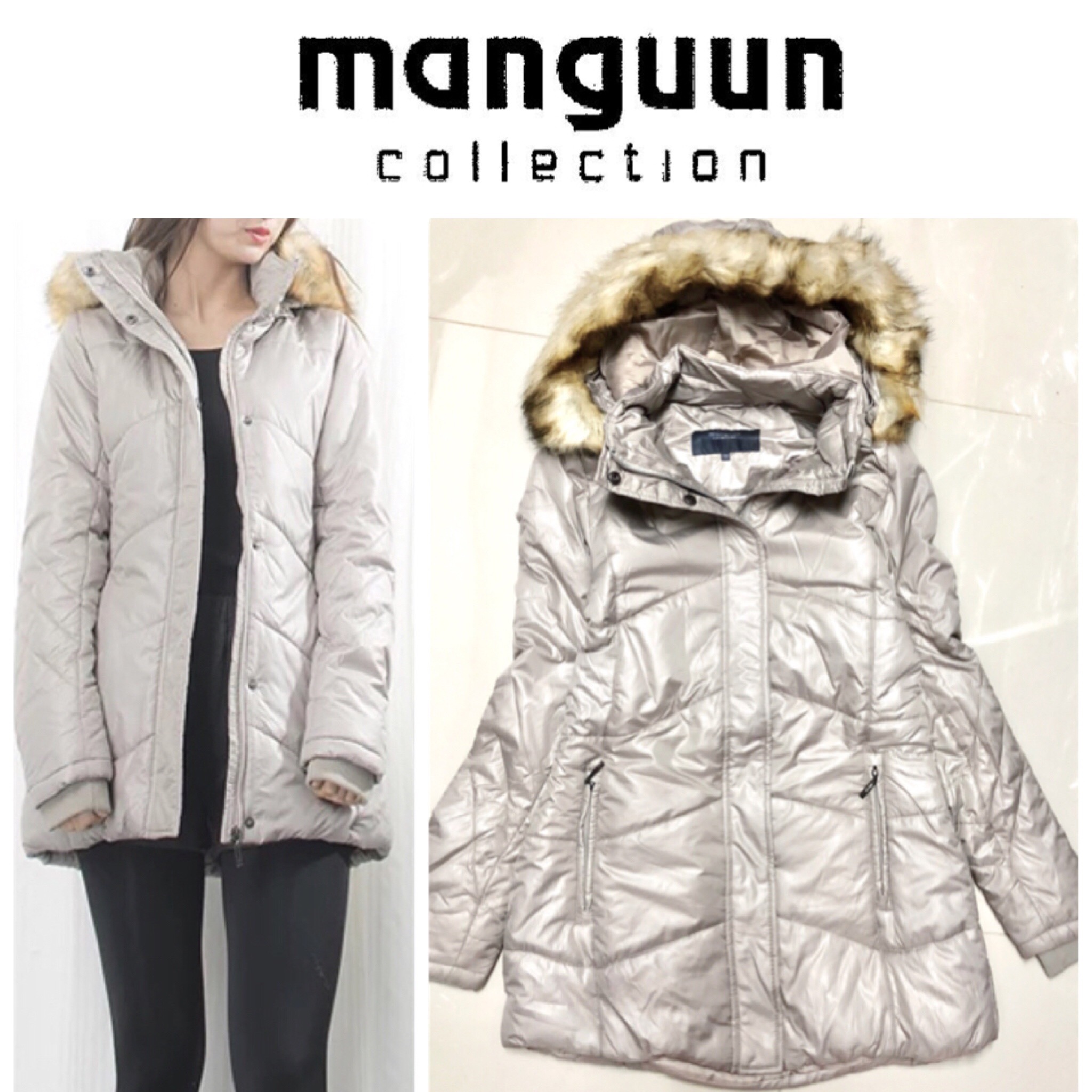 เสื้อกันหนาว ฮูท กันหนาวฮูทเฟอร์ สีเทาอ่อน บุนวมอุ่น แบรนด์เนม เยอรมัน MANGUUN COLLECTION ขนเฟอร์น้ำตาลอ่อน ฟูใหญ่นุ่ม (หมวกฮูท&เฟอร์ ถอดได้ทุกจุดคะ) งาน สวยหรู มากคะ S/M/L/XL/XXL