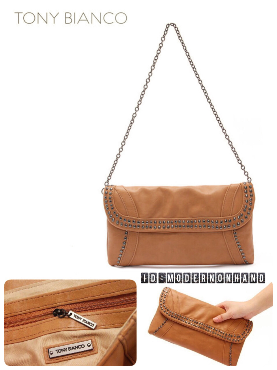 กระเป๋า Clutch มือ TONI BIANCO แบรนด์สุดหรูออสเตรเลีย สีน้ำตาลอ่อน หนังหรูสุดนุ่ม สายโซ่ ถอดใส่ได้คะ