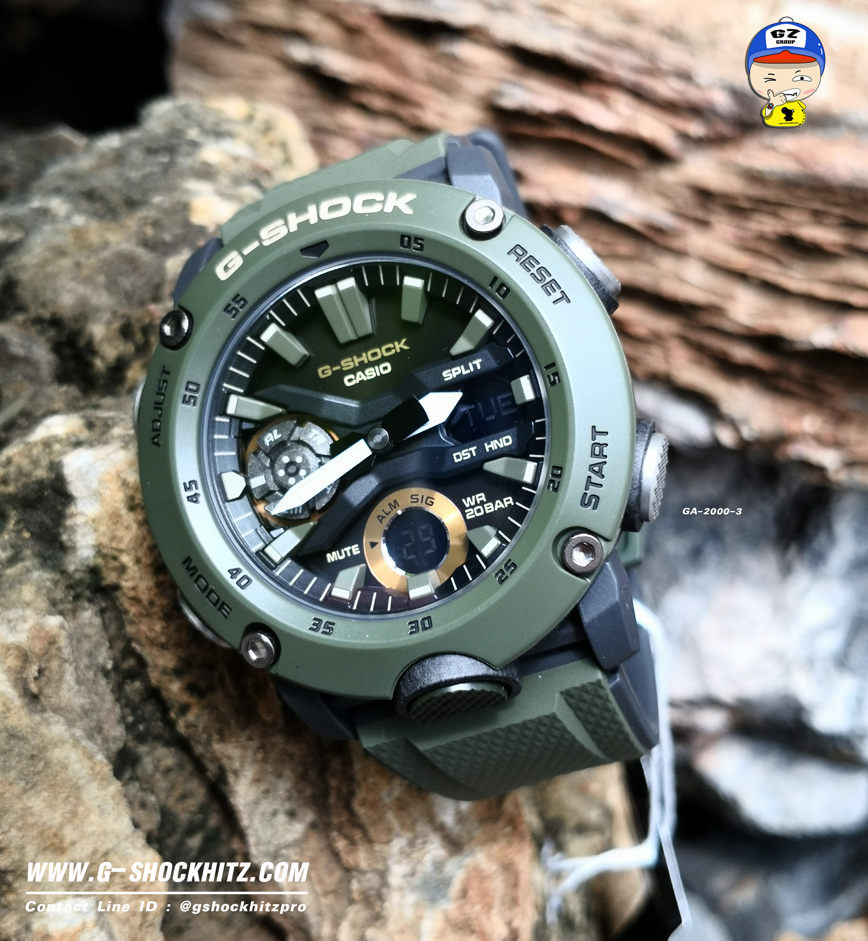 CASIO G-SHOCK นาฬิกาข้อมือ นาฬิกากันน้ำ นาฬิกาของแท้ ประกันศูนย์ CMG 1 ปี รุ่น GA-2000-3A นาฬิกาสีเขียว