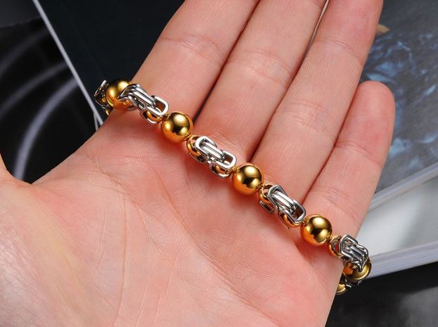สร้อยข้อมือผู้ชายเงิน ผสม ตุ้มทอง สร้อยข้อมือ 316L Stainless steel ลายโซ่ สลับ ลูกปัด สีทอง สุดหรู ใส่ออกงาน เสริมบารมี สร้อยข้อมือให้แฟน 616014