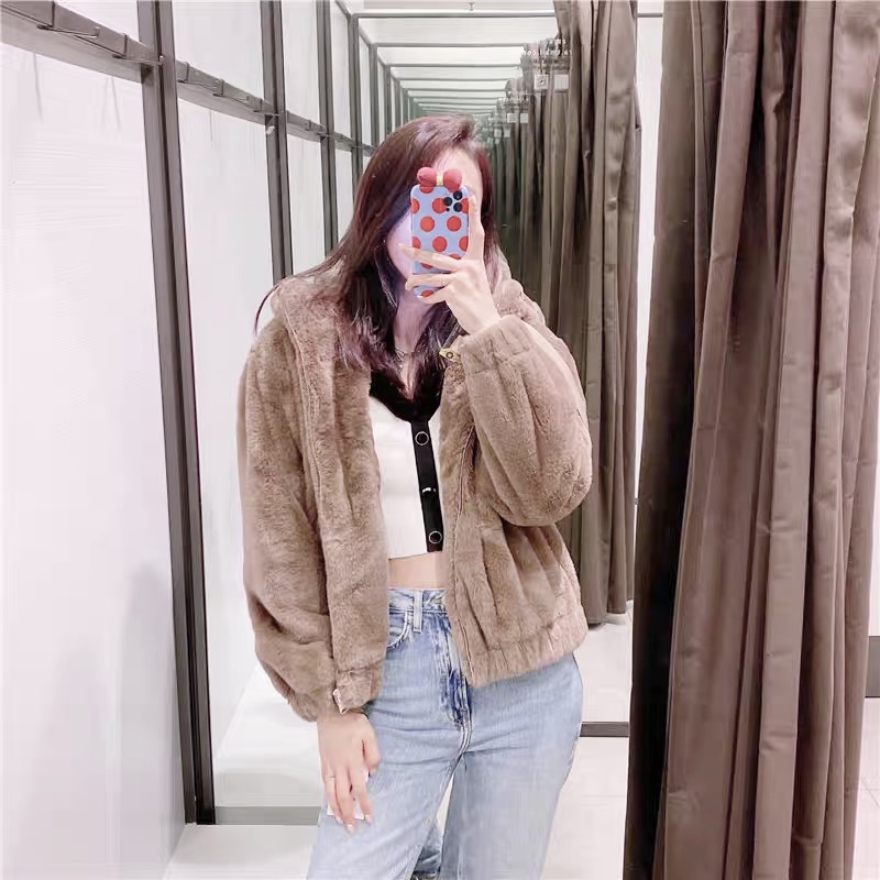 Zara เสื้อเฟอร์กันหนาว หมวกฮู้ด เสื้อขน แบรนด์zara สำเนา ดำ