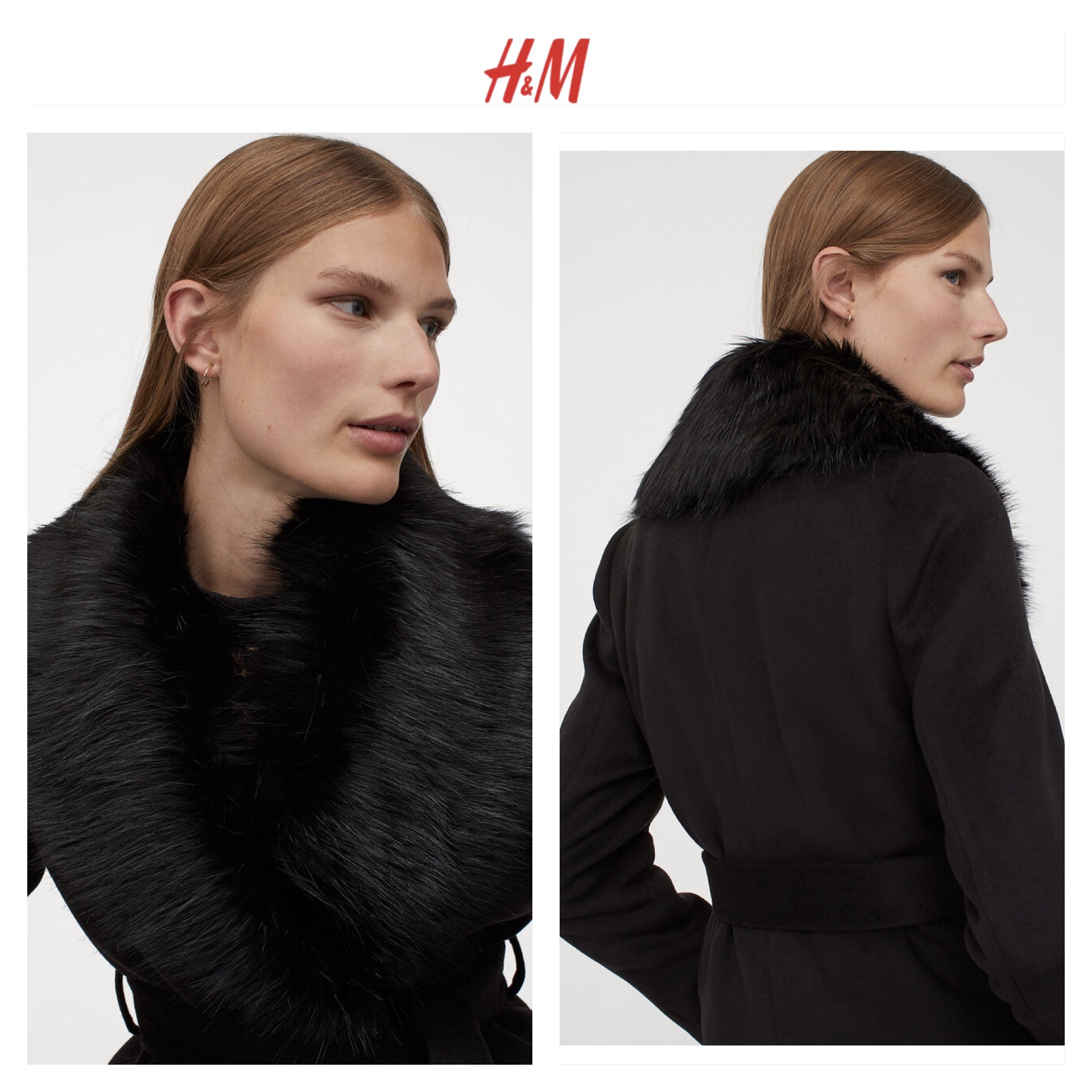 h&m เสื้อโค้ท เสื้อกันหนาว เนื้อผ้าสักหลาดวูล สีดำ แต่งปกเฟอร์(เฟอร์ถอดได้ค่ะ) แบรนด์ H&M