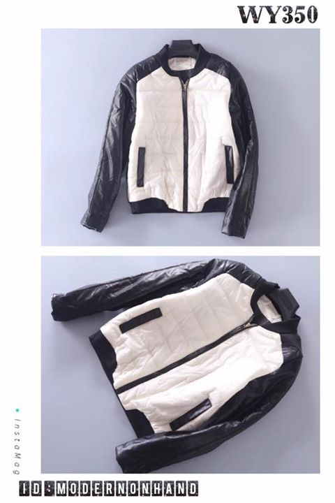 เสื้อกันหนาว แจ็คเก็ตกันหนาว สีทูโทนขาว-ดำ สไตล์ Bomber jacket แต่งแขนหนัง งานสวย แนวๆเท่ห์ๆคะ size L