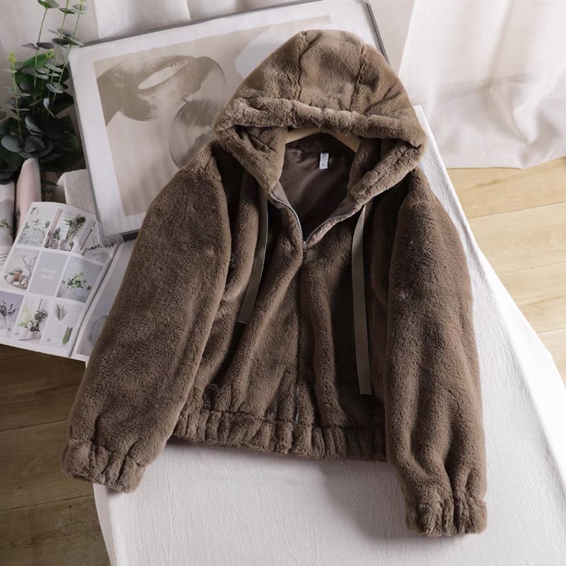 Page one เสื้อเฟอร์กันหนาว หมวกฮู้ด เสื้อขน Fluffy coat แบรนด์ page One ดำ