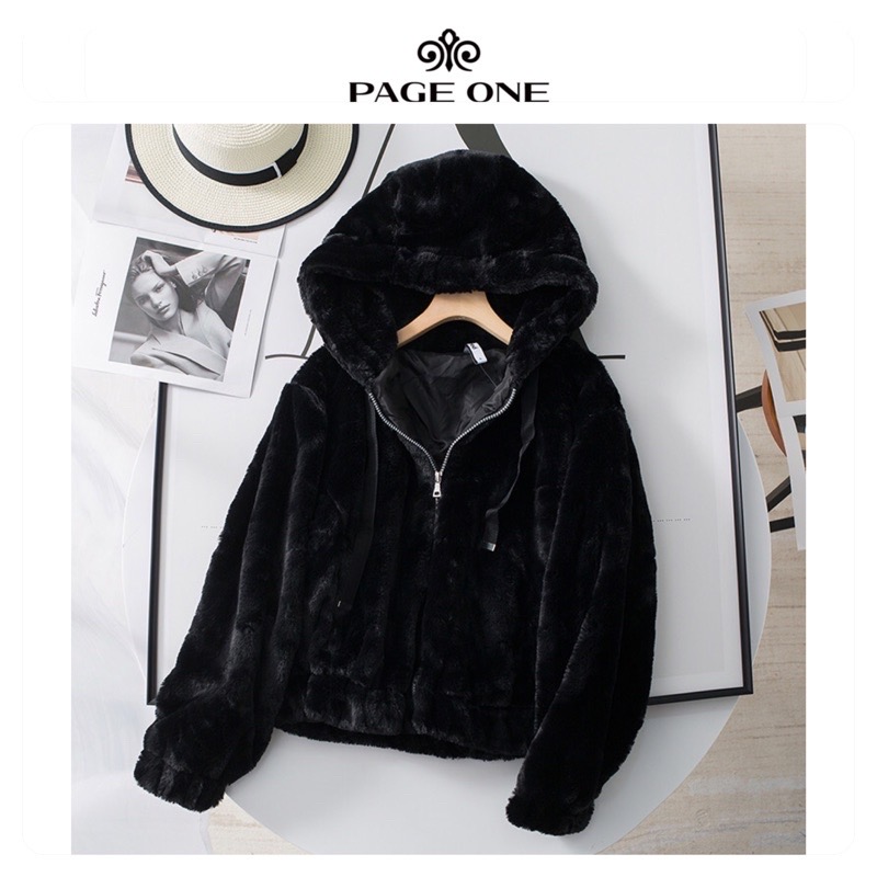 Page one เสื้อเฟอร์กันหนาว หมวกฮู้ด เสื้อขน Fluffy coat แบรนด์ page One ดำ