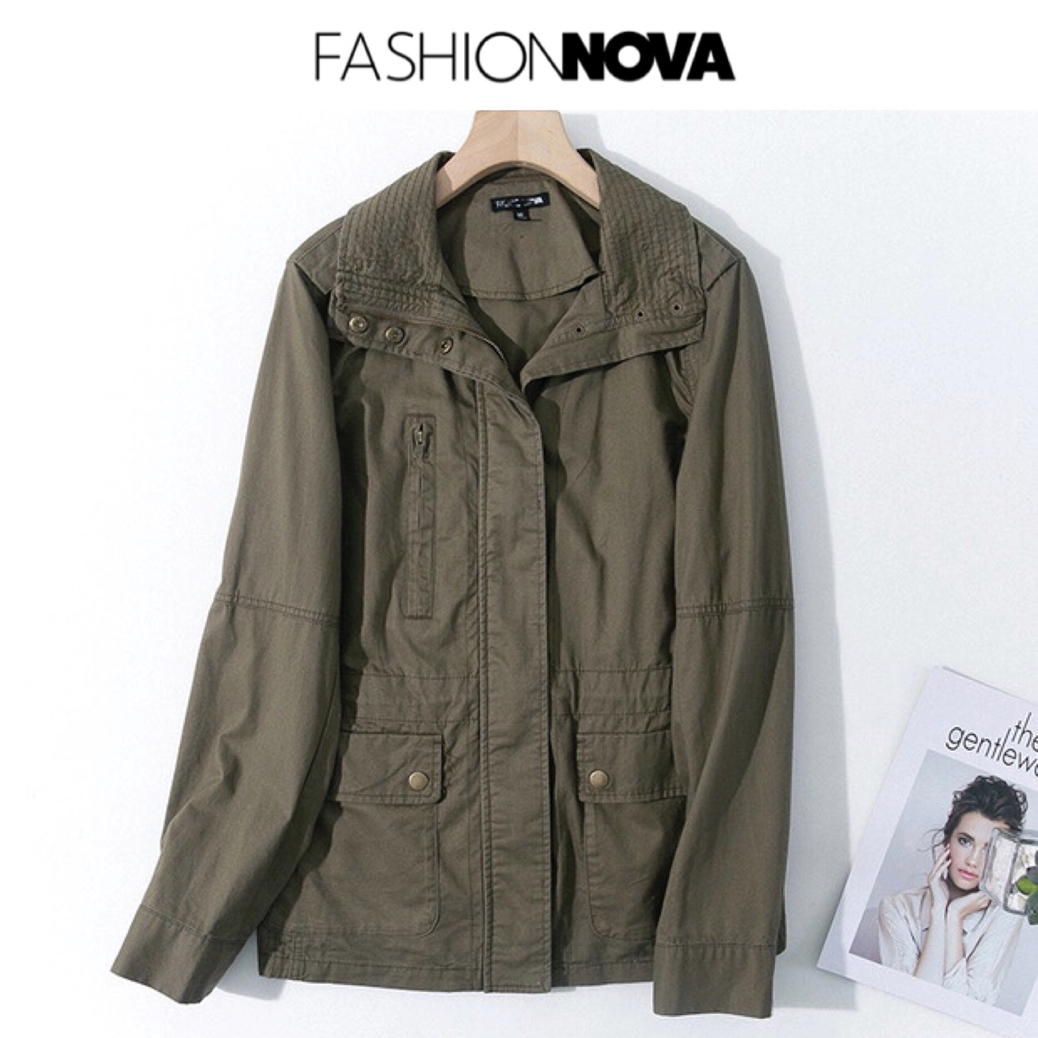 Fashion nova เสื้อนอกเขียวทหาร เสื้อแจ็คเก็ต เสื้อฮู้ด แนวทหาร แพทเทินสวย เท่ห์ มาก แบรนด์ fashion nova เขียว