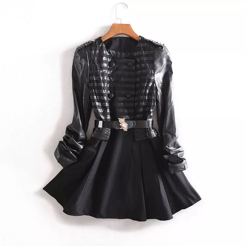 ชุดเดรสแขนยาว แต่งหนัง PU สีดำ เดรสดำ แต่งแขนPU size S:M/L/XL