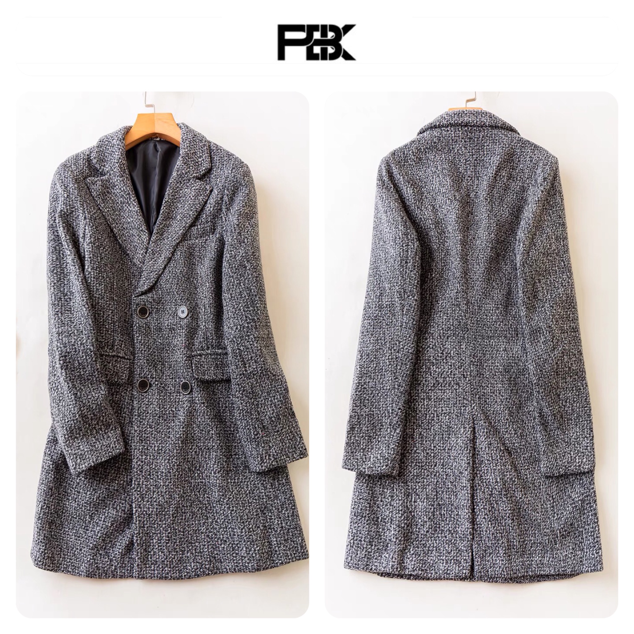 Pbk เสื้อโค้ท เสื้อกันหนาว เนื้อผ้าสักหลาดวูล สีเทาดำ แบรนด์ PBK เทา