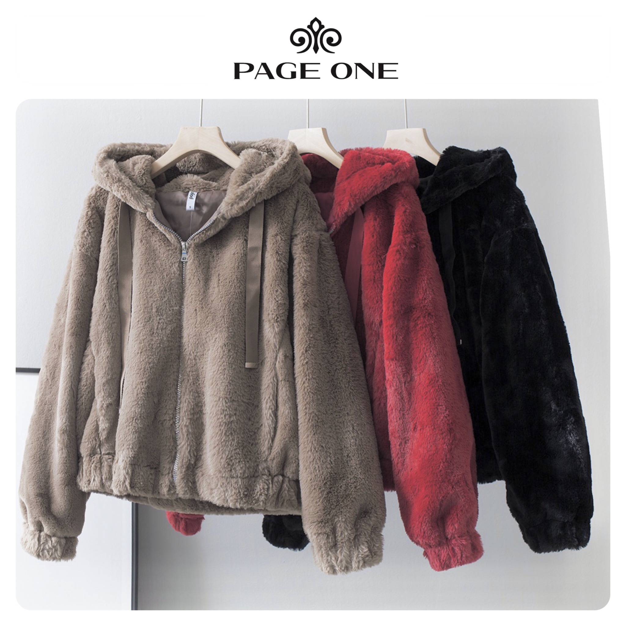 Page one เสื้อเฟอร์กันหนาว หมวกฮู้ด เสื้อขน Fluffy coat แบรนด์ page One ดำ