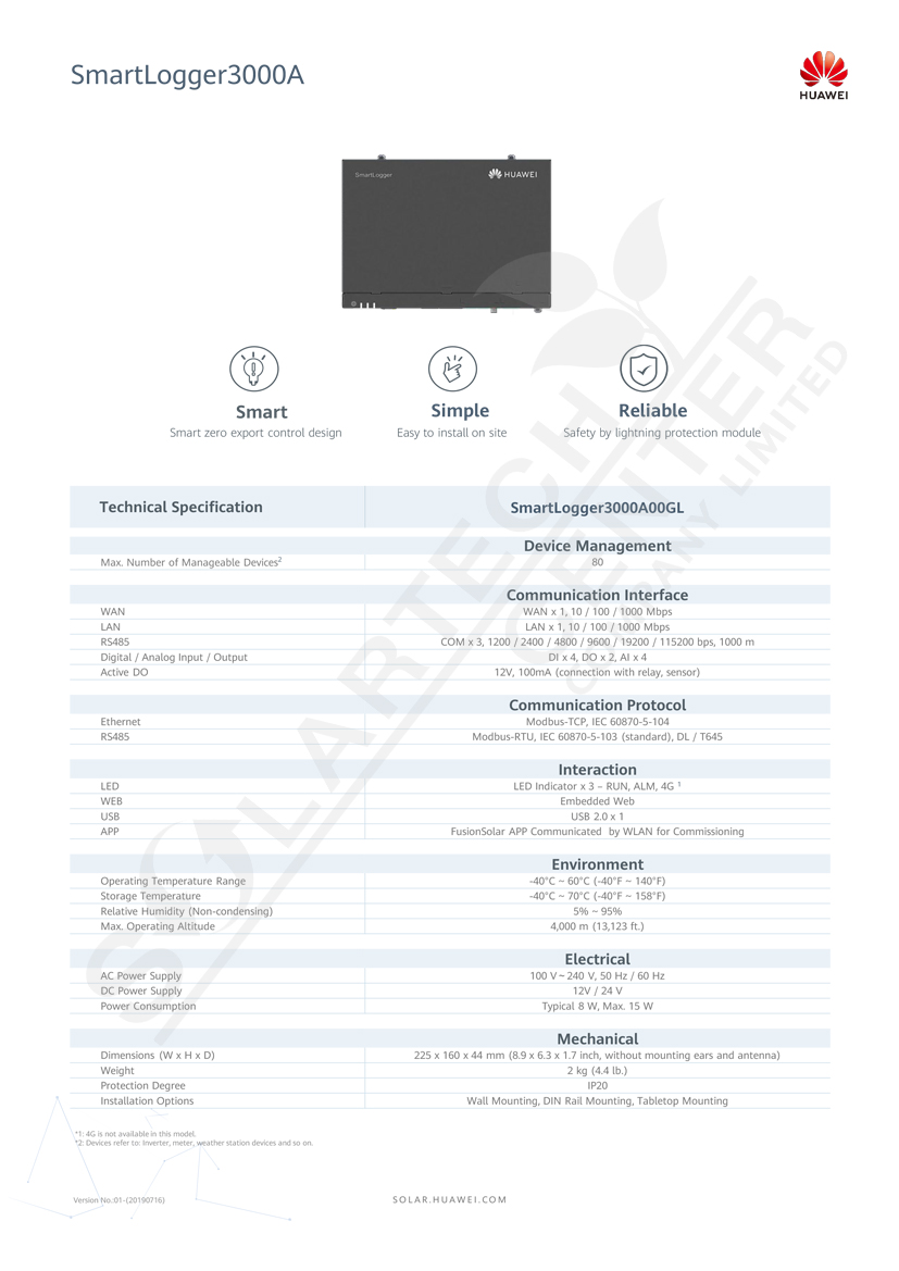 HUAWEI Smart Logger 3000A00GL W/O 4G ขายอุปกรณ์ติดตั้งโซล่าเซลล์ แผง