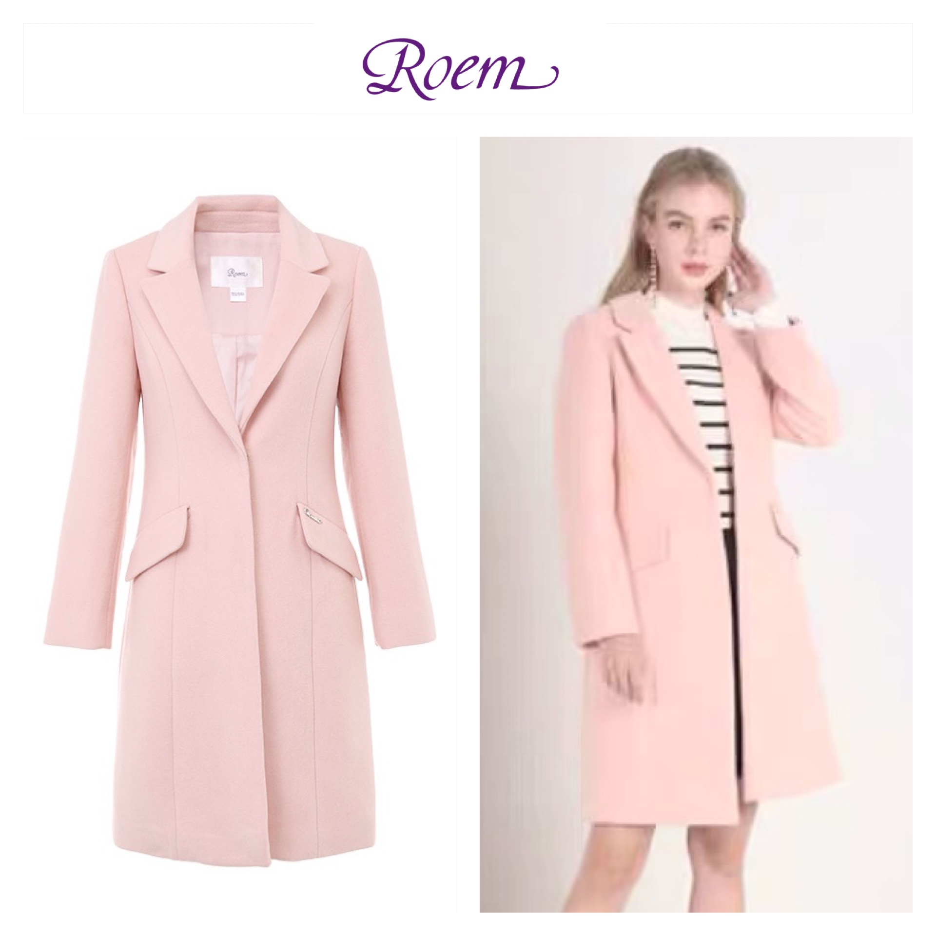 เสื้อโค้ทวูล Trench coat เสื้อโค้ทเฟอร์ โค้ทสักหลาดสีชมพูอ่อน แบรนด์ Roem