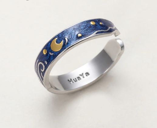 แหวนคู่ แหวนหมั้น แหวนแฟชั่น ดีไซน์ เป็น คู่ สีน้ำเงิน งาน handmade ธีม ท้องทะเล กับ กระจันทร์ สีทอง สวยเก๋ 199425
