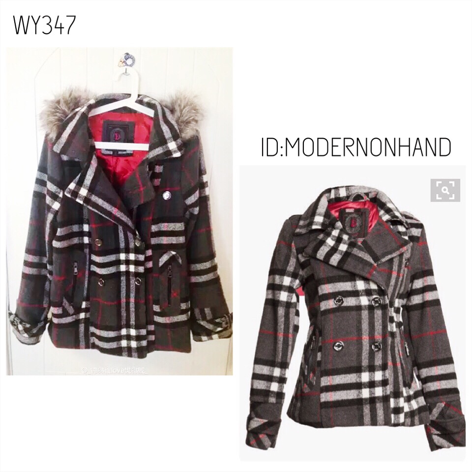 เสื้อกันหนาวสักหลาดผสมวู ลายตาราง classic burberry สีเทา brandname NYC DOLLHOUSE แต่งกระดุมสองแถบ ติดหมวกฮูท ติดเฟอร์ (หมวกมีกระดุมถอดใส่ได้คะ)สวย หรูคะ Size S