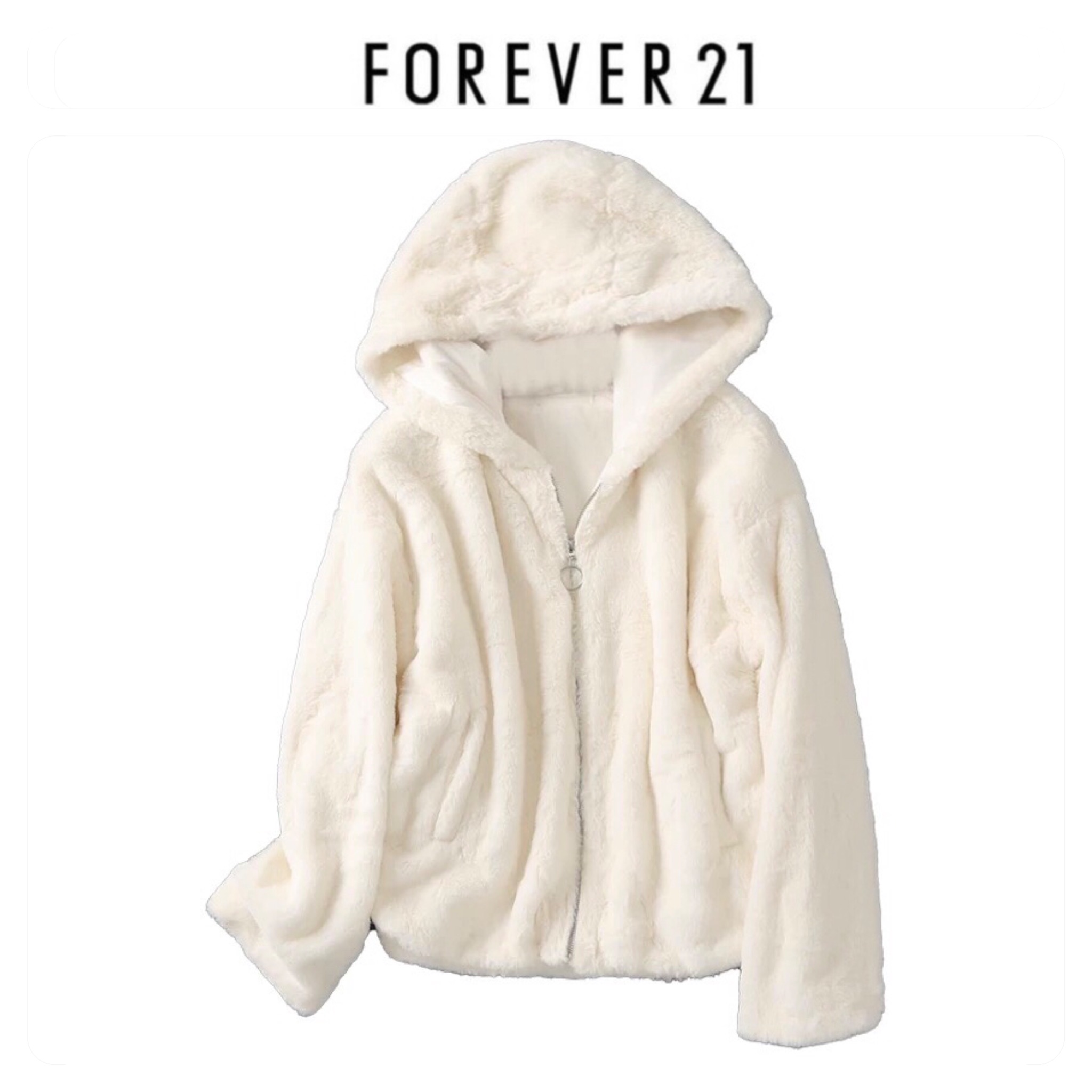 Forever21 เสื้อเฟอร์กันหนาว หมวกฮู้ด เสื้อขน แบรนด์ forever21 (FLUFFY COAT) ขาว