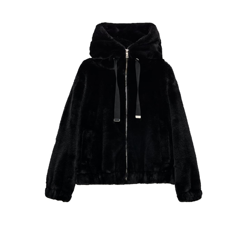 Page one เสื้อเฟอร์กันหนาว หมวกฮู้ด เสื้อขน Fluffy coat แบรนด์ page One ดำ