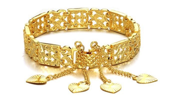 สร้อยข้อมือทอง สร้อยข้อมือ ออกงาน สร้อยข้อมือ ทอง 18 K เส้นใหญ่ ห้อย ตุ้งติ้ง หัวใจ 4 ดวง สร้อยทอง ใส่ออกงาน บุญ งานบวช งานราตรี 976616