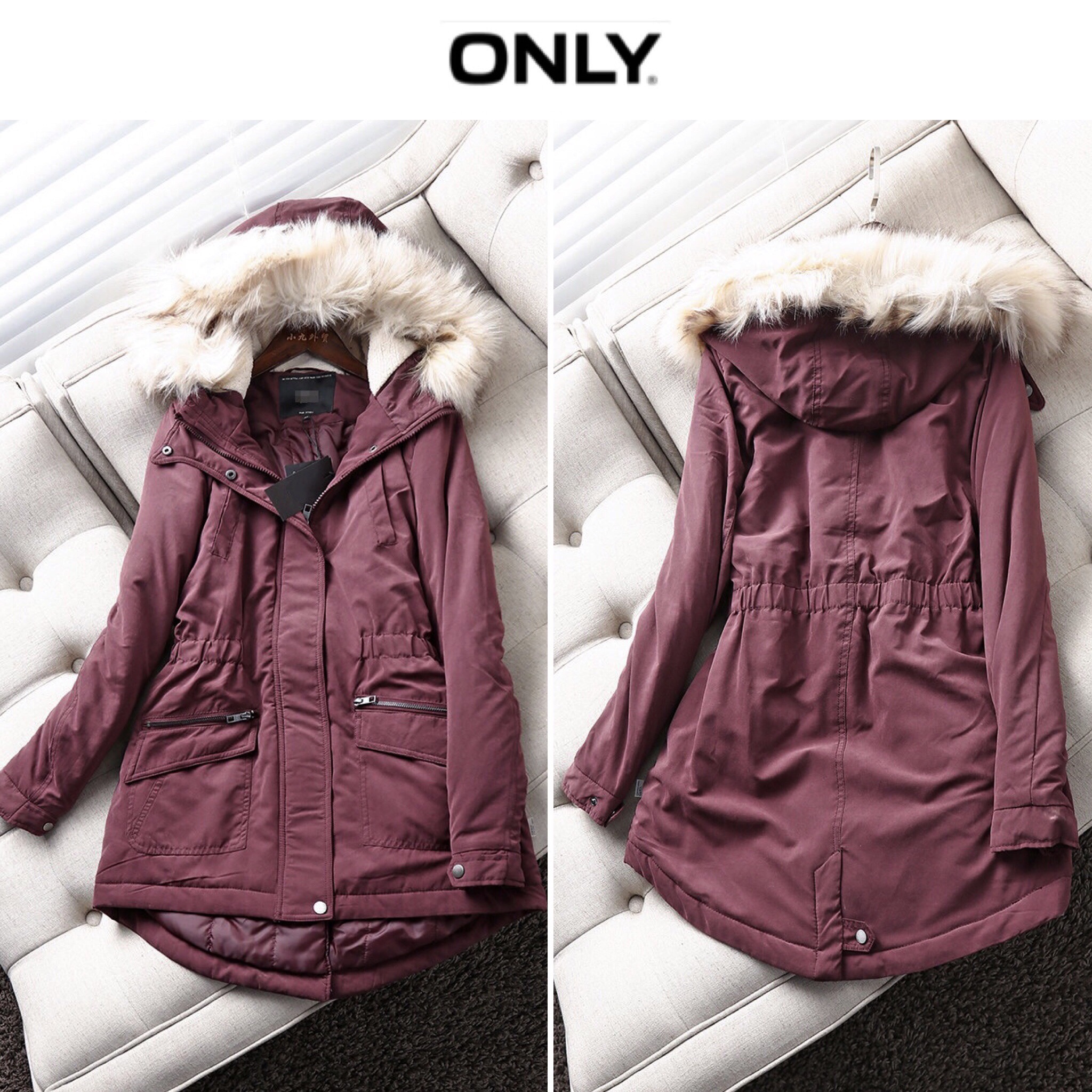 Only เสื้อโค้ทเฟอร์กันหนาว เสื้อฮู้ดปาร์กา แต่งเฟอร์ขาว แบรนด์Only (เฟอร์ถอดได้คะ) เขียว