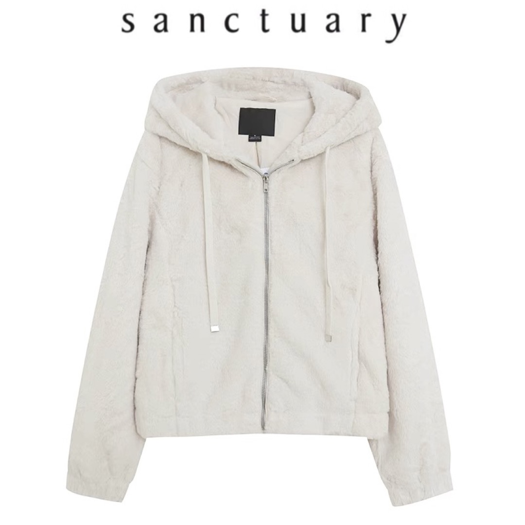 915 เสื้อเฟอร์กันหนาว หมวกฮู้ด เสื้อขน Fluffy hooded jacket แบรนด์ SANCTUARY ขาว