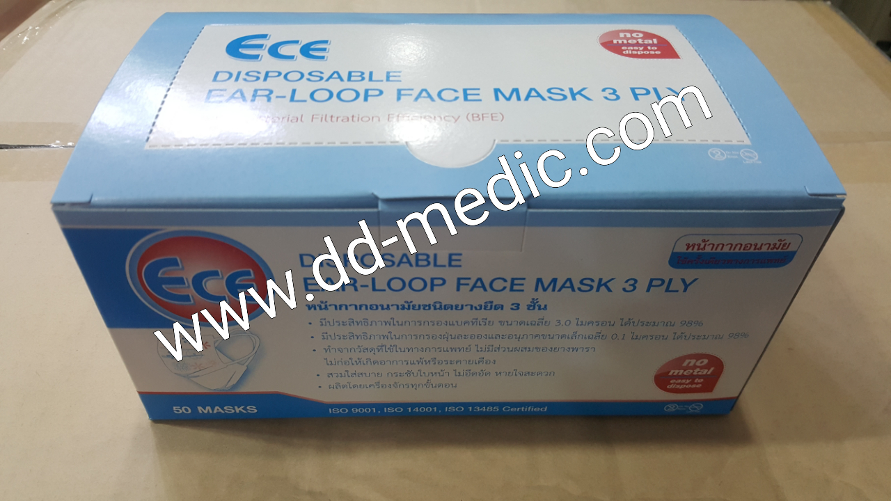 หน้ากากอนามัย 3 ชั้น แบบคล้องหู ยี่ห้อ ECE ลังละ 20 กล่อง กล่องละ 50 ชิ้น สีเขียว (โรงงานเดียวกับ Dura)