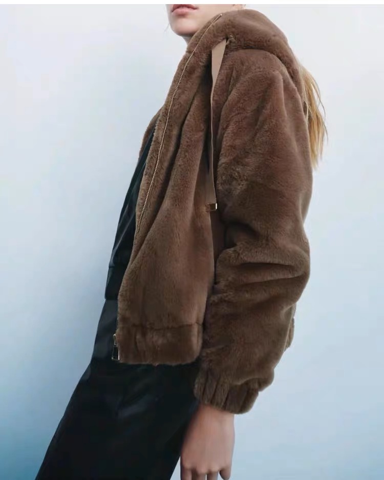 Zara เสื้อเฟอร์กันหนาว หมวกฮู้ด เสื้อขน แบรนด์zara สำเนา ดำ