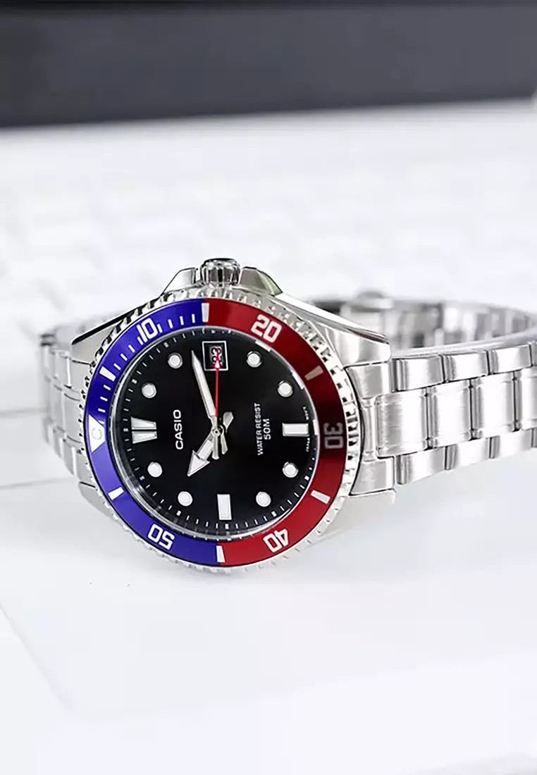 CASIO MID YEAR SALE นาฬิกาคาสิโอ พร้อมส่ง นาฬิกาข้อมือ นาฬิกากันน้ำ นาฬิกาของแท้ BTS ประกันศูนย์ CMG 1 ปี รุ่น MDV-10D-1A3 นาฬิกาสีเงิน