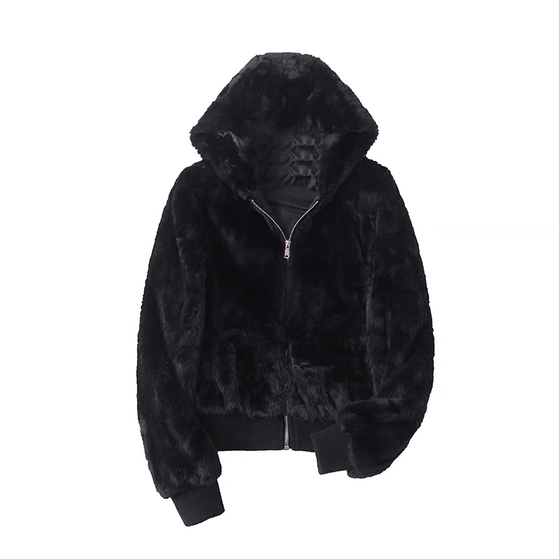 Page เสื้อเฟอร์กันหนาว หมวกฮู้ด เสื้อขน Fluffy coat แบรนด์ page One สำเนา ดำ