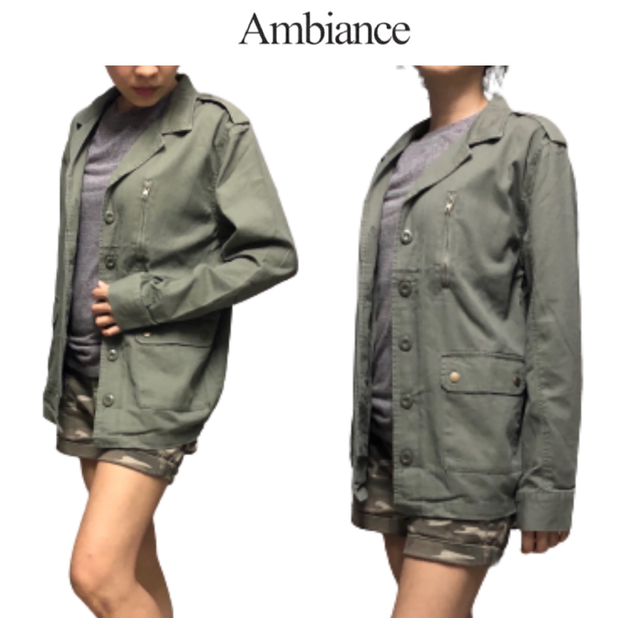 Ambiance เสื้อทหาร เสื้อแจ็คเก็ตเขียวทหาร เสื้อนอกแนวทหาร ambiance แพทเทินสวย เท่ห์มาก คะ สำเนา สำเนา เขียว