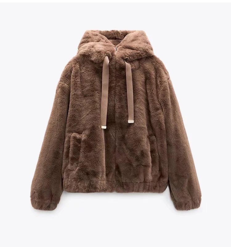 Zara เสื้อเฟอร์กันหนาว หมวกฮู้ด เสื้อขน แบรนด์zara สำเนา ดำ