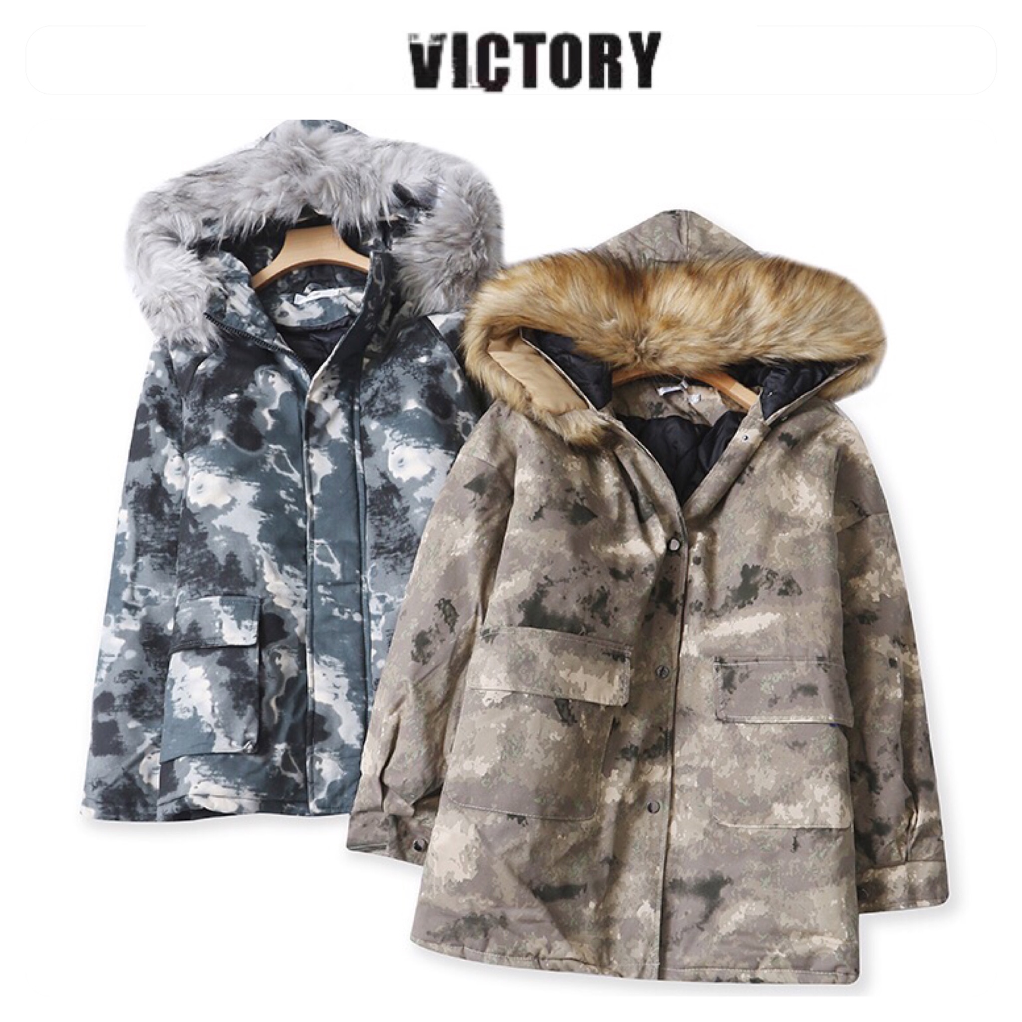 Victory เสื้อกันหนาว เสื้อฮู้ดเฟอร์ บุนวมอุ่น แบรนด์ victory over siZe bomber jacket (ขนเฟอร์ถอดได้ค่ะ) ลายพราง