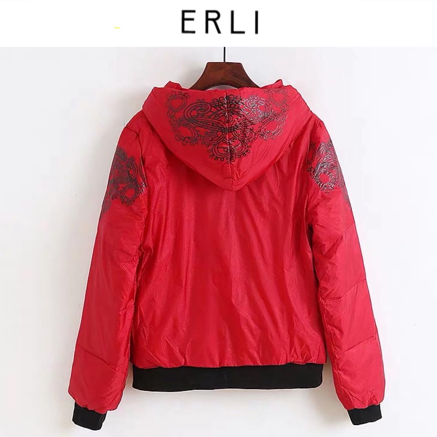 เสื้อฮูทขนเป็ด เสื้อฮู้ด กันหนาว สีแดงบุนวมอุ่น แต่งลายกราฟฟิค ERLI แดง