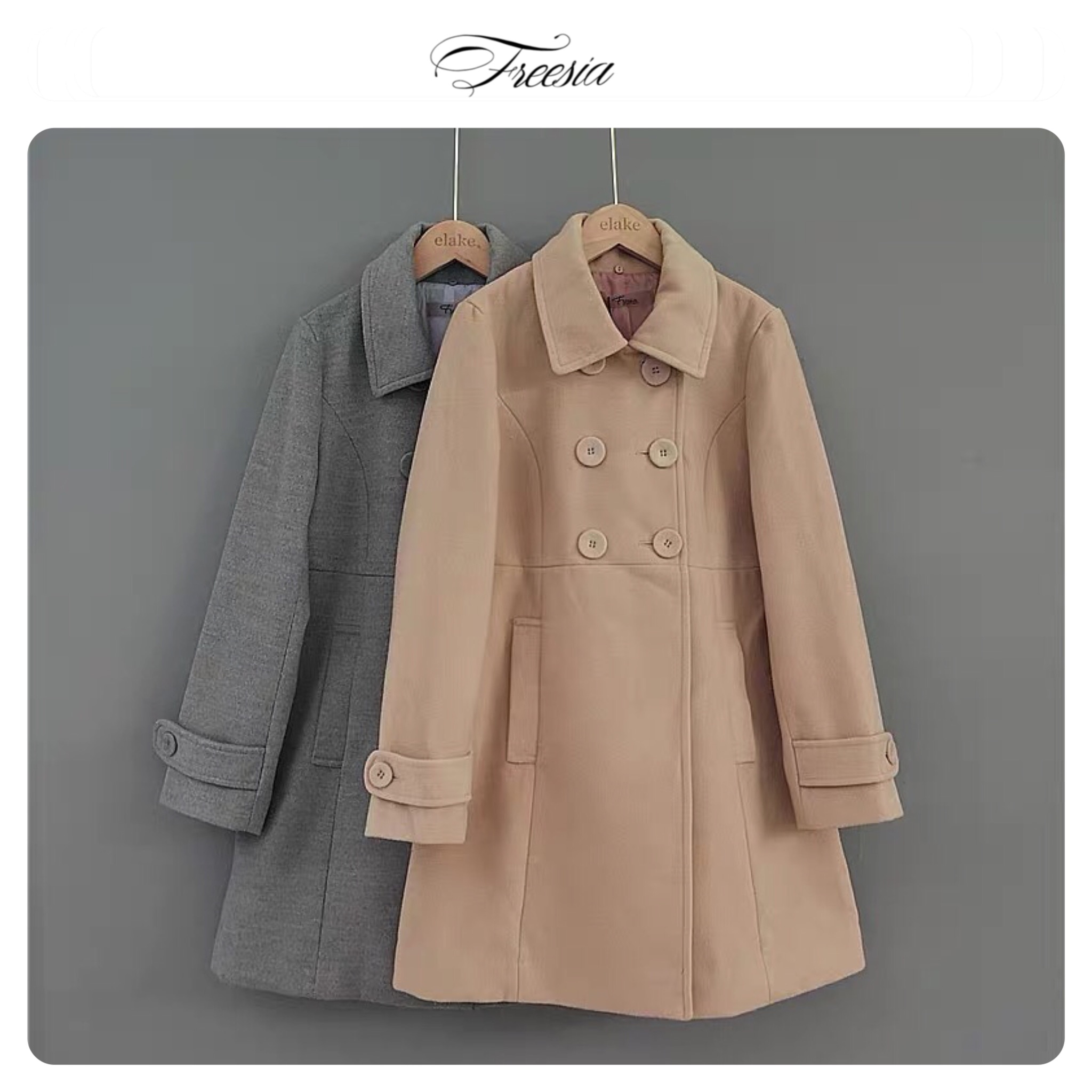 Freesia เสื้อโค้ท เสื้อกันหนาว เนื้อผ้าสักหลาดวูล สีเทา แต่งกระดุมแถบ สองแถว แบรนด์ Freesia เทา