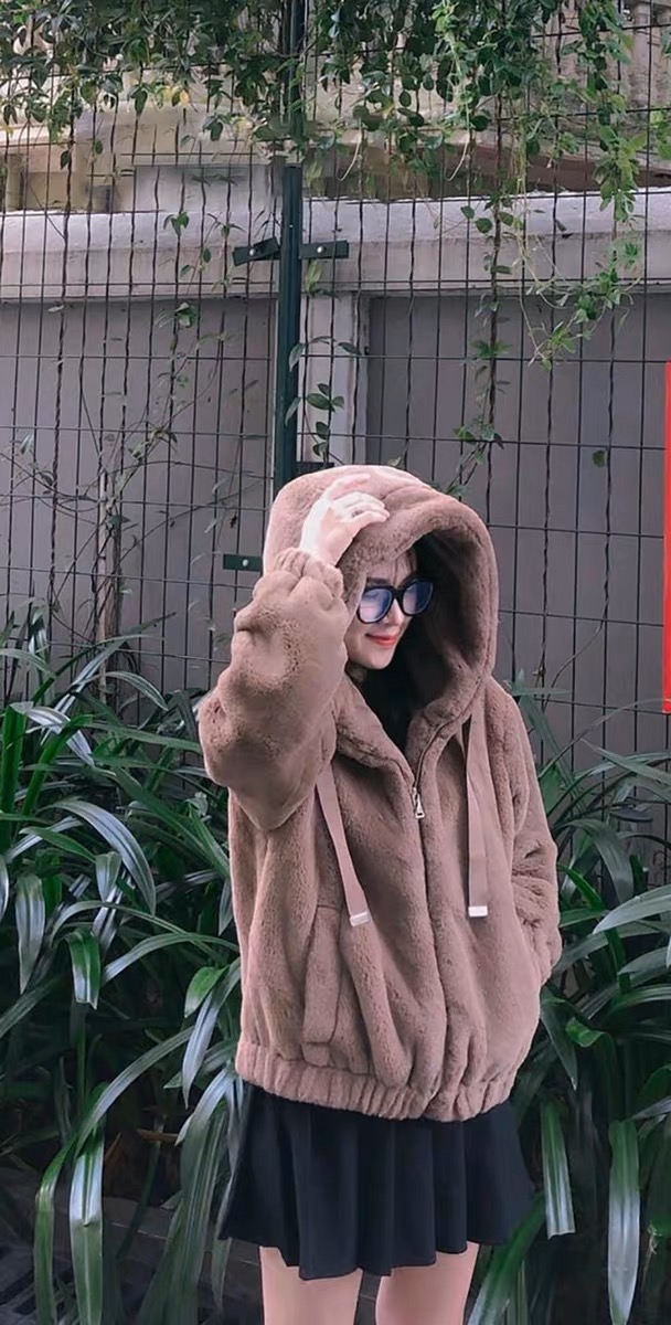 Zara เสื้อเฟอร์กันหนาว หมวกฮู้ด เสื้อขน แบรนด์zara สำเนา ดำ