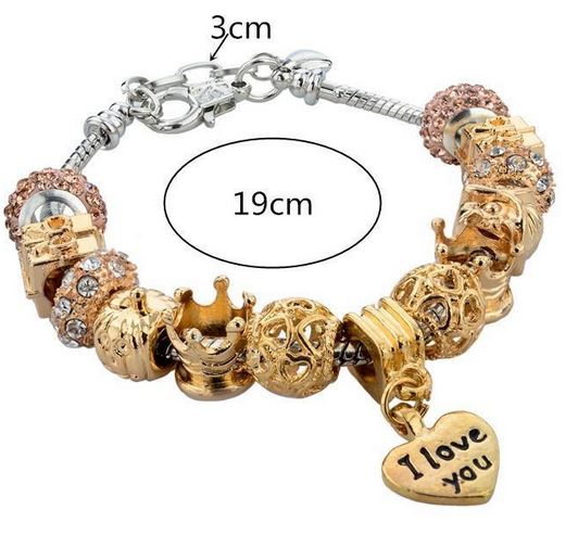 สร้อยข้อมือ Diy สไตล์ Pandora สร้อยข้อมือ ผู้หญิง สีทอง ร้อย บีด ลูกบอล มงกุฏ กล่องของขวัญ สลับ ลูกบอลกลม ทอง ฝังเพชร คริสตัล ออสเตเรีย 678992
