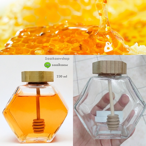 (ไม่มีสินค้า) ขวดแก้วเหลี่ยม+ ฝาไม้ Dipper ไม้ตักน้ำผึ้ง