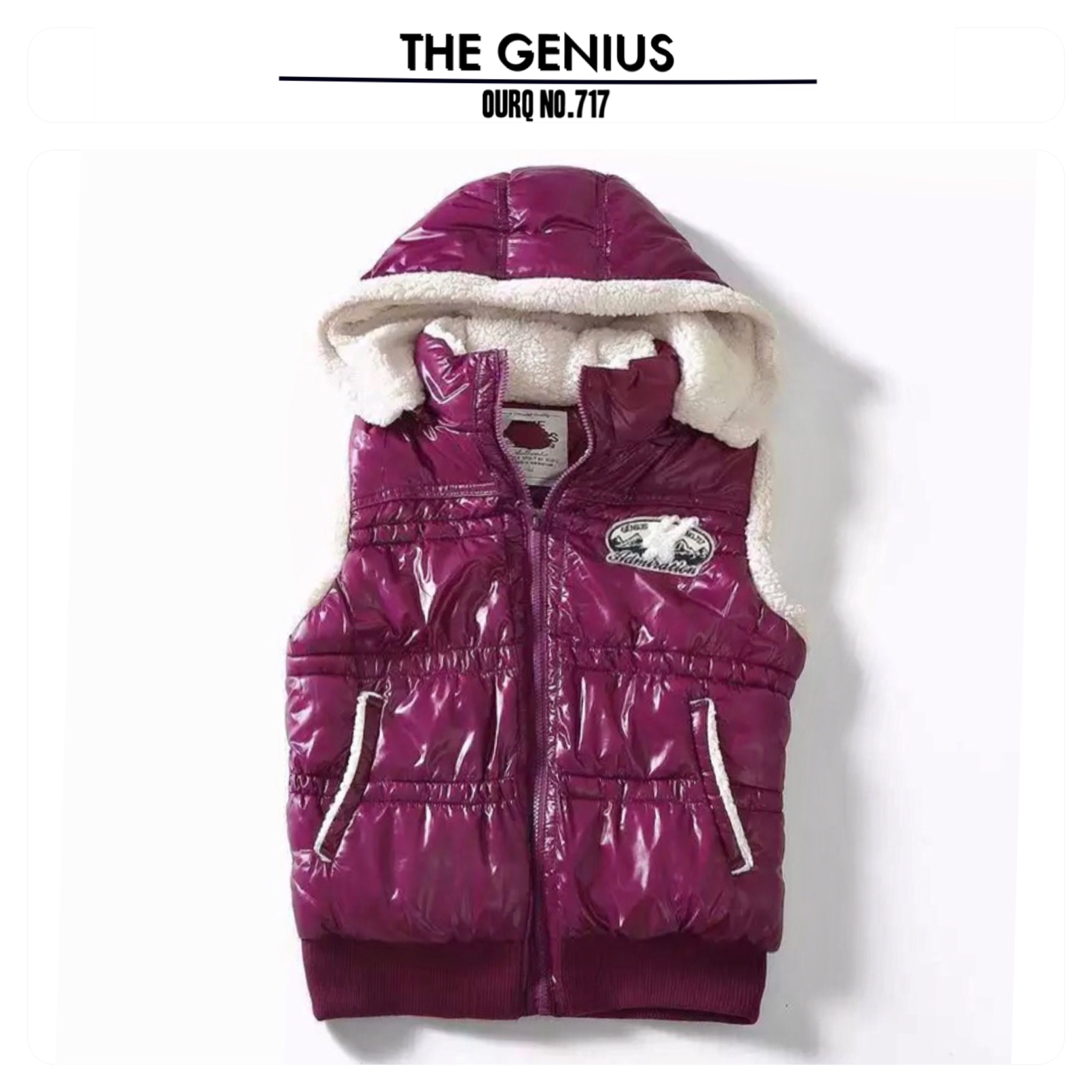 เสื้อกั๊ก หมวกฮูท สีม่วง บุนวม ซับขน อุ่นสีขาวด้านใน แบรนด์The GENIUS OURQ เกาหลี ฮูทถอดได้คะ งานสวย น่ารักมากคะ