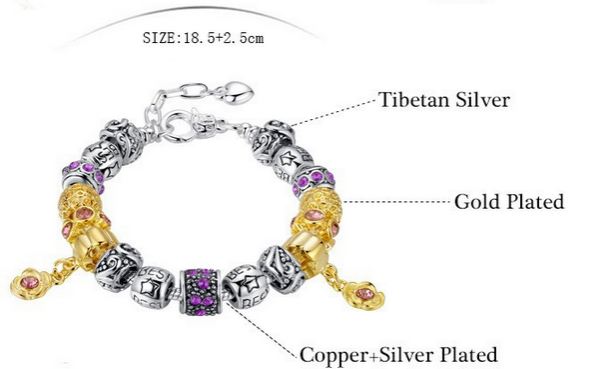 สร้อยข้อมือ Diy สร้อยข้อมือ Charm สไตล์ Pandora เงิน สลับ ทอง สลัก Best Friend เหมาะสำหรับ ให้วันเกิดเพื่อน ฝังคริสตัล อเมทิส สีม่วง หรู 6042295