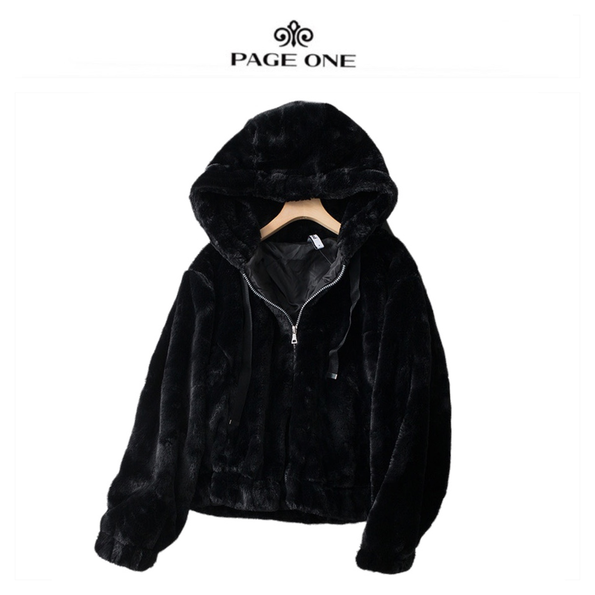 Page one เสื้อเฟอร์กันหนาว หมวกฮู้ด เสื้อขน Fluffy coat แบรนด์ page One ดำ