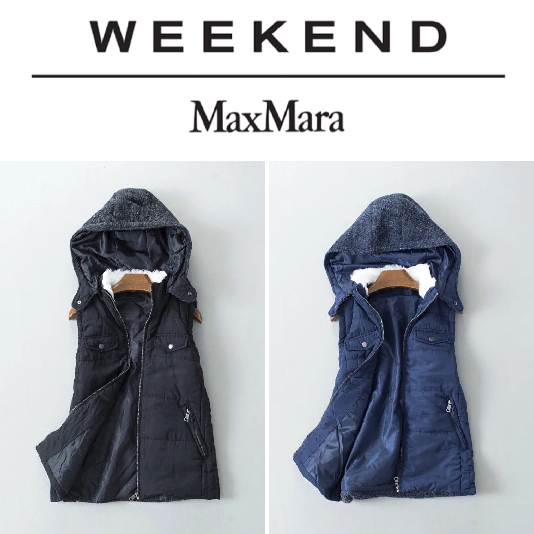 เสื้อกั๊ก กันหนาว กั๊กฮูทสีดำ แต่งขนสีขาวคอปกด้านใน แบรนด์WEEKEND (ฮูทถอดได้คะ) ดำ