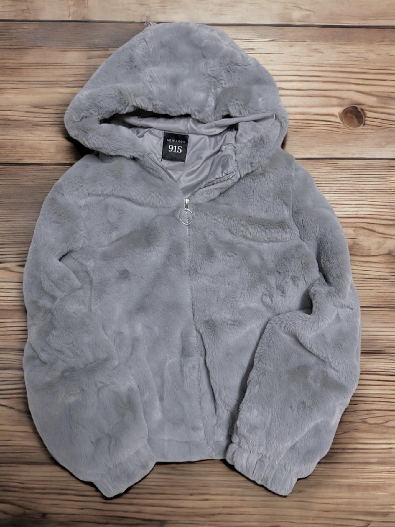 915 เสื้อเฟอร์กันหนาว หมวกฮู้ด เสื้อขน Fluffy coat แบรนด์ New look 915สำเนา เทา